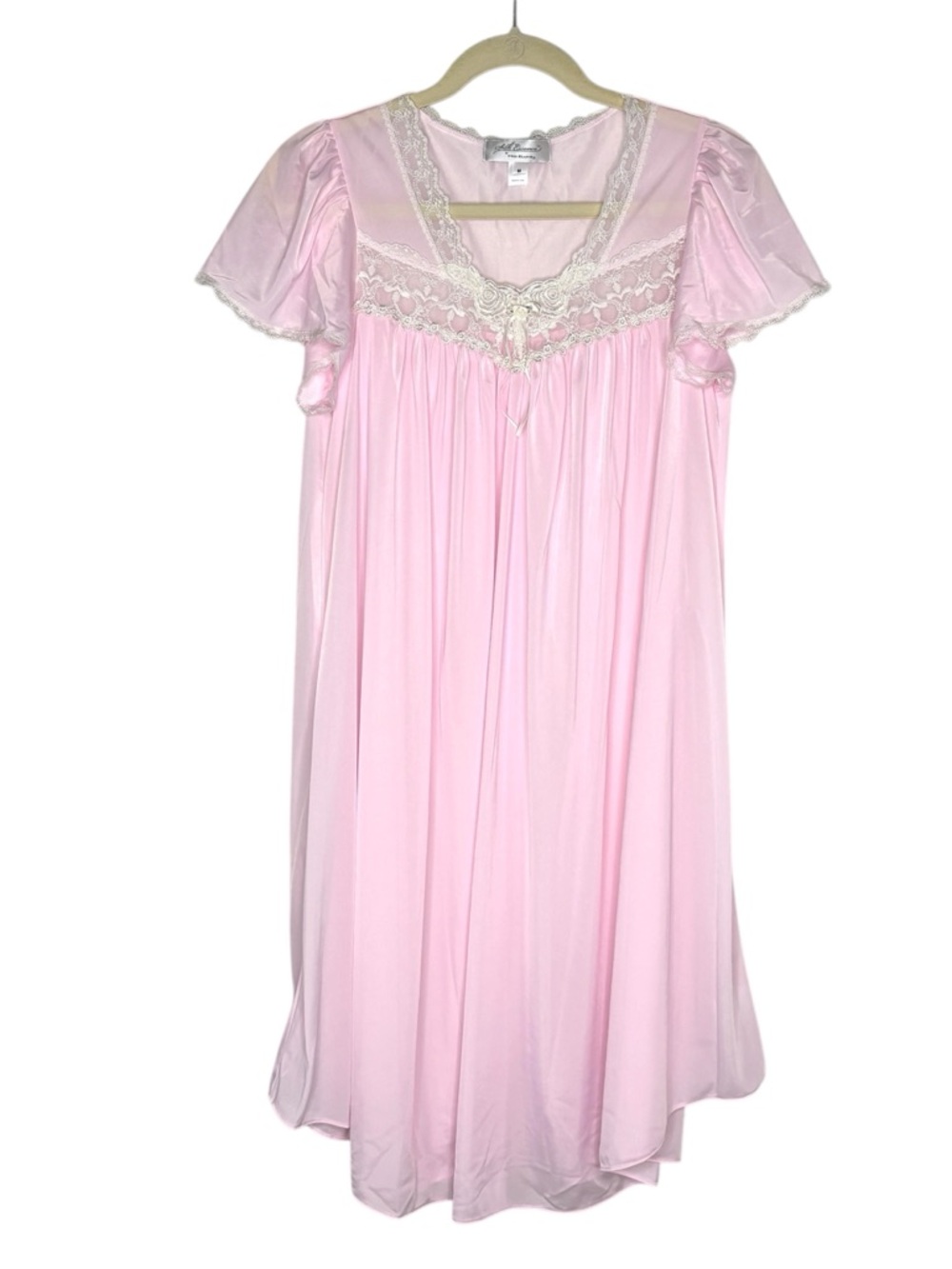 Vintage Miss Elaine Silk Essence Pink Sheer Lace Applique Ethereal Nightgown M